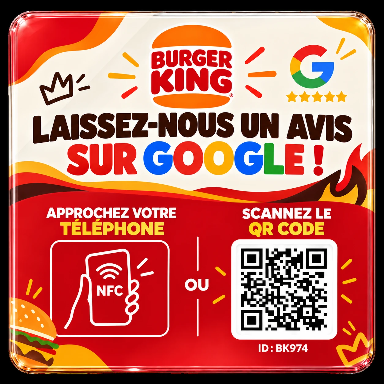 Plaque NFC personnalisée aux couleurs d’une enseigne de restauration rapide.